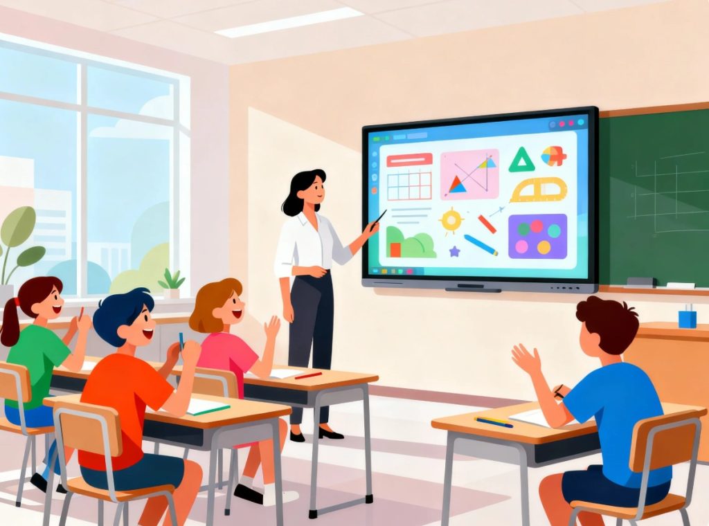 Ilustrasi suasana kelas modern yang cerah, menunjukkan proses belajar mengajar dengan menggunakan teknologi papan tulis digital interaktif.